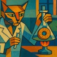 Modernist Painting Of A Humanoid Cat In A Lab Coat Observing A Donut In An Erlenmeyer Flask On A Bunsen Burner The Cat Is In A Laboratory