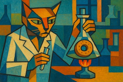 Modernist Painting Of A Humanoid Cat In A Lab Coat Observing A Donut In An Erlenmeyer Flask On A Bunsen Burner The Cat Is In A Laboratory