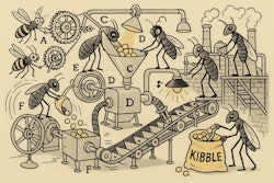 Rube Goldberg Style Cartoon Diagram Showing Insects Working To Produce Kibble They Are In A Factory