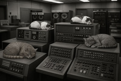 1950's Photo Of Cats In The Computerized Control Room Of A Pet Food Factory The Room Is Filled With Antiquated Computers The Cats Sleep Atop The Computers