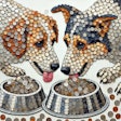 Dall·e 2024 07 16 14 02 42 A Detailed Mosaic Created From Various Coins Forming The Image Of Dogs Eating From Silver Bowls The Mosaic Should Be Intricate, With Different Sizes