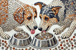 Dall·e 2024 07 16 14 02 42 A Detailed Mosaic Created From Various Coins Forming The Image Of Dogs Eating From Silver Bowls The Mosaic Should Be Intricate, With Different Sizes
