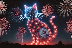 Dall·e 2024 07 23 13 15 14 A Fireworks Display In The Shape Of A Cat, With Red, White, And Blue Colors The Scene Is Set Against A Night Sky, With The Cat Shape Formed By Vibran