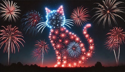 Dall·e 2024 07 23 13 15 14 A Fireworks Display In The Shape Of A Cat, With Red, White, And Blue Colors The Scene Is Set Against A Night Sky, With The Cat Shape Formed By Vibran