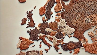 Dall·e 2024 07 31 14 20 39 A Detailed Map Of Europe Created Entirely Out Of Kibble Each Country Is Represented By Different Shapes And Sizes Of Kibble Pieces, Carefully Arrange