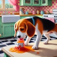 Dall·e 2024 08 28 12 25 56 An Oil Painting Of A Beagle Dog In A 1950s Style Kitchen, Captured From An Angle The Scene Focuses On A Close Up Of The Beagle, Which Is Eating Jelly