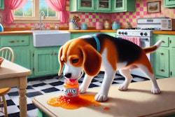 Dall·e 2024 08 28 12 25 56 An Oil Painting Of A Beagle Dog In A 1950s Style Kitchen, Captured From An Angle The Scene Focuses On A Close Up Of The Beagle, Which Is Eating Jelly