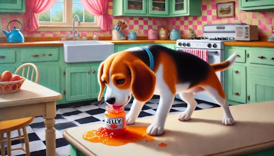 Dall·e 2024 08 28 12 25 56 An Oil Painting Of A Beagle Dog In A 1950s Style Kitchen, Captured From An Angle The Scene Focuses On A Close Up Of The Beagle, Which Is Eating Jelly