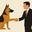 Minimalist Painting Depicting A Geman Shpherd Shaking Hands With A Business Man