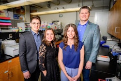 Professor and director of the Division of Nutritional Sciences Kelly Swanson, right, led a team that tested a precision-brewed chicken protein in dog kibble and found that it had gut-health benefits for dogs that consumed it during the six-month study. The team included, from left, alumnus Julio Mioto, animal sciences professor Patricia Oba and alumna Meredith Smola, the first author of the study.