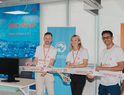 The Symrise team opens the #BCN Hub. Left to right: Edward Heretsch, head of Data + Digital Architecture, Eliza Millet, chief digital & information officer (CDIO), and Sid Raisoni, Data & AI Hub - program lead.