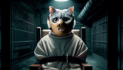 Dall·e 2024 05 21 08 11 13 A Cgi Image Of A Cat Portrayed As Hannibal Lecter From 'silence Of The Lambs ' The Cat Is Wearing A Straitjacket And The Iconic Mask, Sitting In A Dim