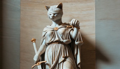 Dall·e 2024 06 03 16 03 32 A Marble Statue Of 'blind Justice' Depicted As A Humanoid Cat The Cat Is Standing In A Dignified Pose, Wearing A Flowing Robe And Holding The Traditi