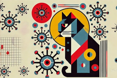Dall·e 2025 03 10 10 30 21 A Bauhaus Style Illustration Of A Cat Surrounded By Highly Pathogenic Avian Influenza (hpai) Virus Particles The Image Features Geometric Shapes, Bol