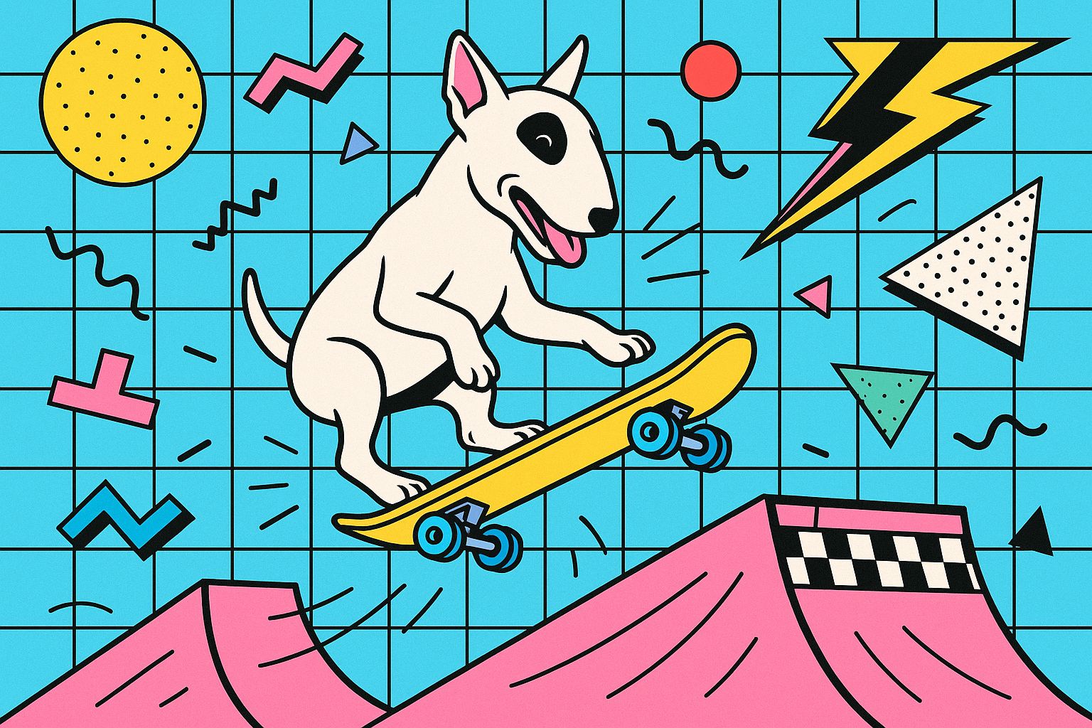 1980s Memphis Design Styled Image Of A Bull Terrier Dog Riding A Skateboard Off A Ramp