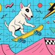 1980s Memphis Design Styled Image Of A Bull Terrier Dog Riding A Skateboard Off A Ramp