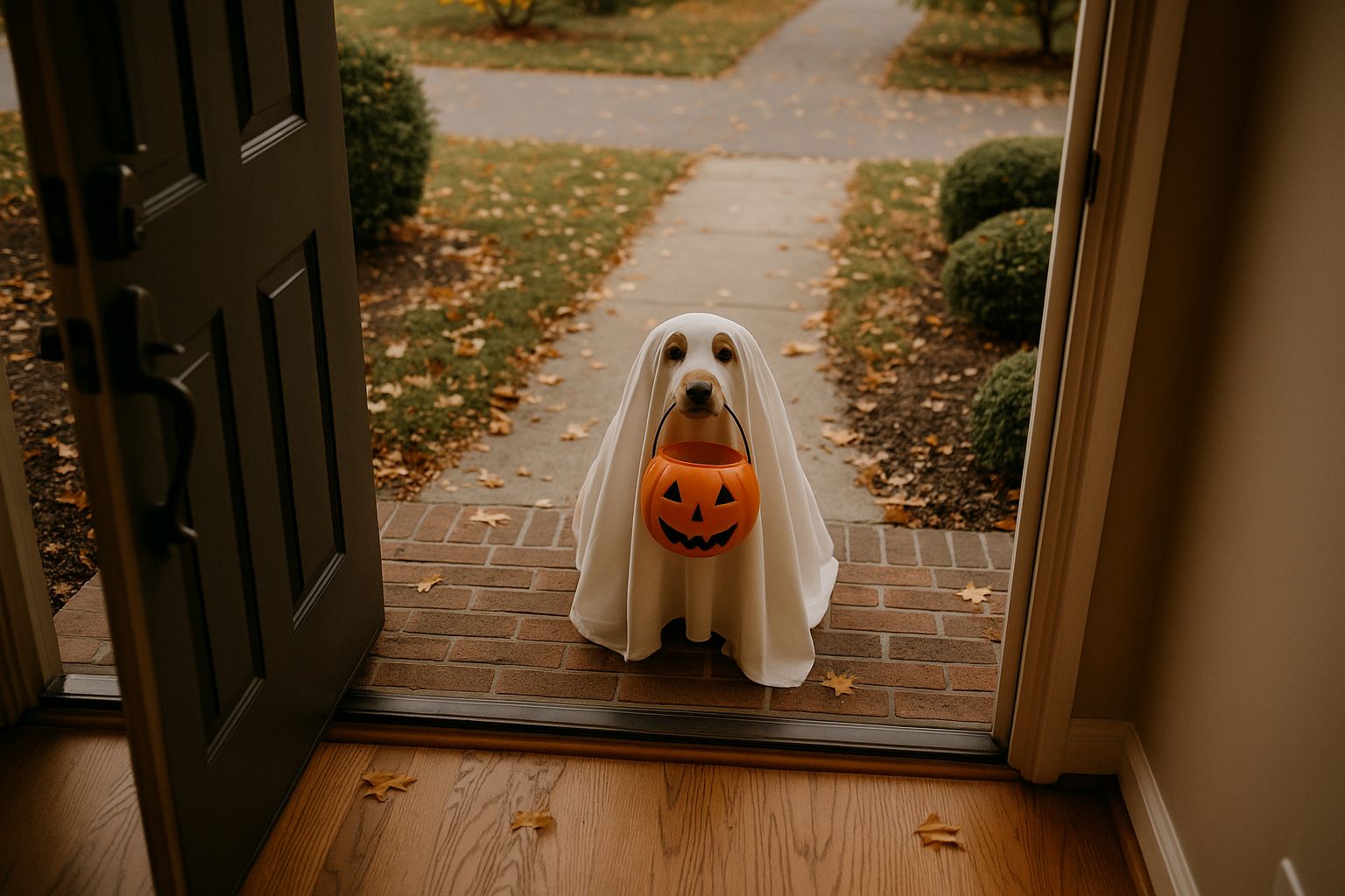 A Dog Dressed As A Ghost Is On The Porch Trick Or Treating