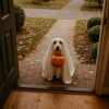 A Dog Dressed As A Ghost Is On The Porch Trick Or Treating