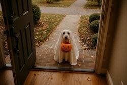 A Dog Dressed As A Ghost Is On The Porch Trick Or Treating