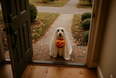 A Dog Dressed As A Ghost Is On The Porch Trick Or Treating