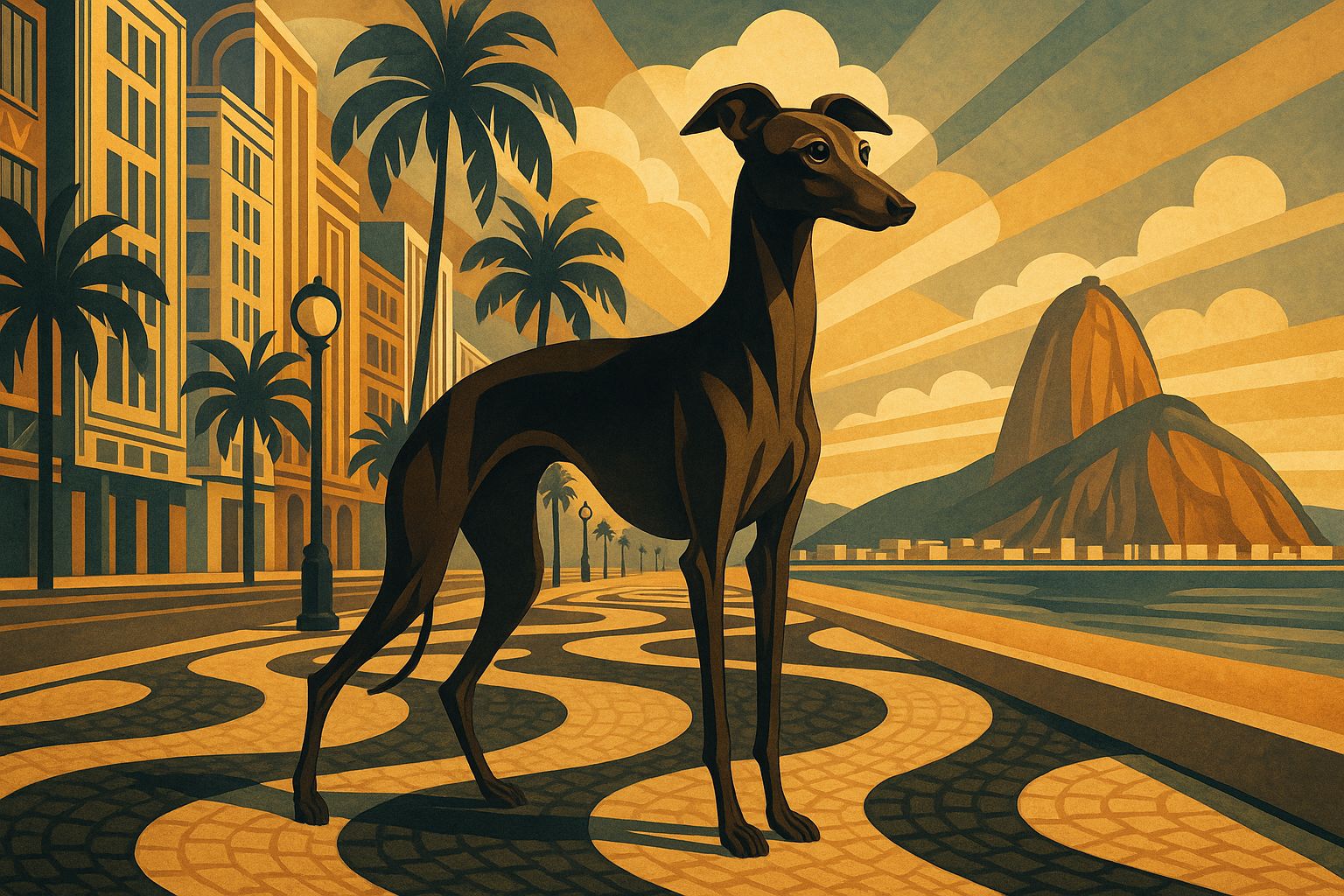 Art Deco Image Of An Italian Greyhound On The Streets Of Rio De Janeiro