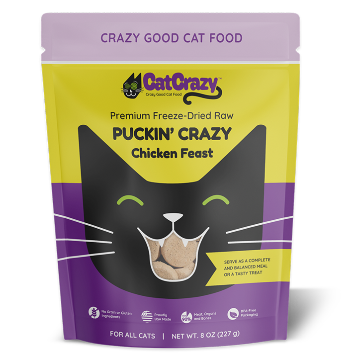 CatCrazy's debut product, CatCrazy Puckin&rsquo; Crazy Chicken Feast, is a freeze-dried raw catfood developed in direct response to the questions and concerns of the channels more than 226,000 subscribers.