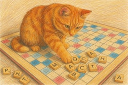 Color Pencil Drawing Of A Cat Sitting On A Scrabble Word Game Board