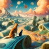 Dall·e 2024 06 04 13 48 29 A Surrealist Image Of A Dog And Cat Walking Through A Landscape Of Money The Scene Is Dreamlike And Fantastical, With Large Bills And Coins Forming H