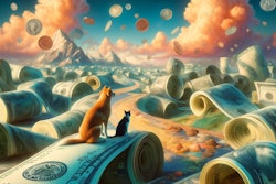 Dall·e 2024 06 04 13 48 29 A Surrealist Image Of A Dog And Cat Walking Through A Landscape Of Money The Scene Is Dreamlike And Fantastical, With Large Bills And Coins Forming H
