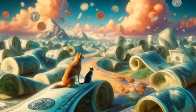 Dall·e 2024 06 04 13 48 29 A Surrealist Image Of A Dog And Cat Walking Through A Landscape Of Money The Scene Is Dreamlike And Fantastical, With Large Bills And Coins Forming H