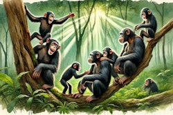 Dall·e 2024 09 10 10 12 19 A Watercolor Painting Of A Joyful Chimpanzee Troop In Their Natural Habitat The Scene Shows Several Chimpanzees Interacting Playfully With One Anothe
