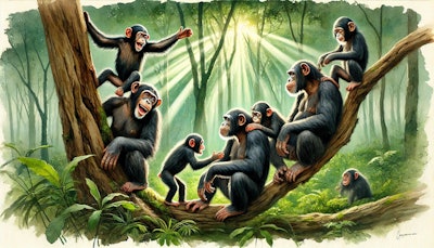 Dall·e 2024 09 10 10 12 19 A Watercolor Painting Of A Joyful Chimpanzee Troop In Their Natural Habitat The Scene Shows Several Chimpanzees Interacting Playfully With One Anothe