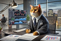 Dall·e 2024 11 26 09 14 51 A Realistic Cgi Image Of A Cat Dressed As A Stock Broker The Cat Is Wearing A Tailored Business Suit With A Tie, Sitting At A Modern Desk Surrounded