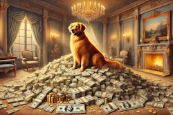 Dall·e 2025 01 13 12 13 57 A Detailed Oil Painting Of A Dog Sitting Atop A Large Pile Of Money, With Various Denominations Of Bills And Coins Scattered Around The Dog Is A Rega