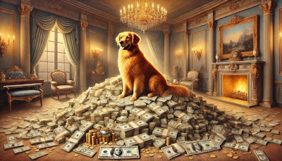 Dall·e 2025 01 13 12 13 57 A Detailed Oil Painting Of A Dog Sitting Atop A Large Pile Of Money, With Various Denominations Of Bills And Coins Scattered Around The Dog Is A Rega