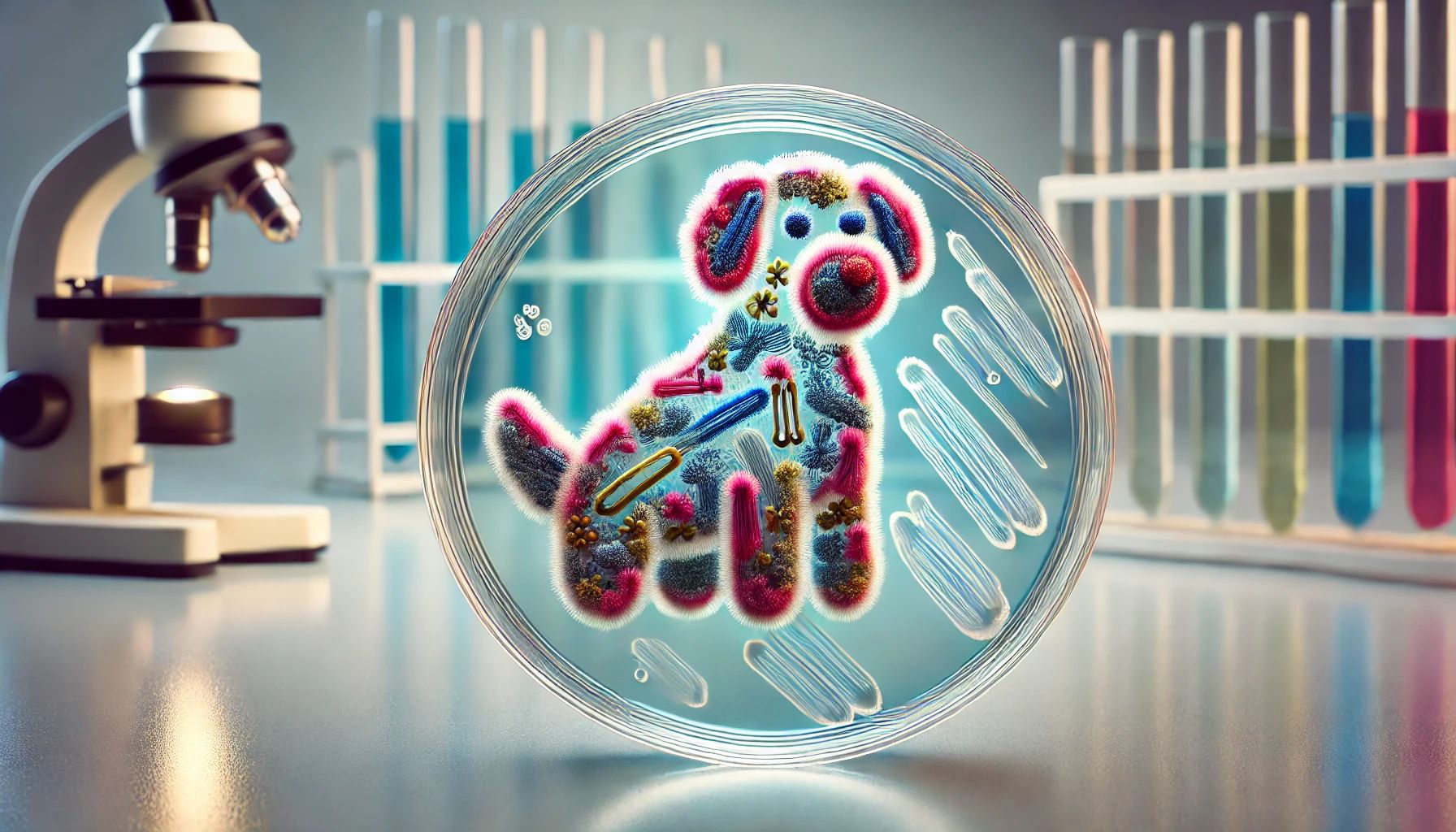 Dall&centerdot;e 2025 01 15 10 26 12 A Detailed Close Up Of A Petri Dish With Bacteria Growing In The Shape Of A Dog, Featuring Colorful Bacterial Colonies Forming The Outline And Details