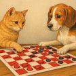Dog And Cat Playing Checkers On A Red And White Gameboard