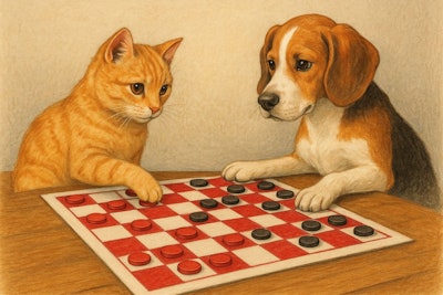 Dog And Cat Playing Checkers On A Red And White Gameboard
