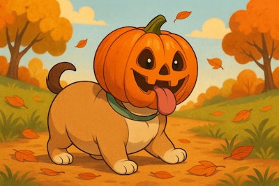 Pudgy Puppy With It's Head Stuck Inside A Pumpkin