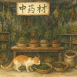 Watecolor Painting Of A Traditional Chinese Medicine Shop A Cat Is Sniffing At Some Of The Hebs For Sale In The Shop