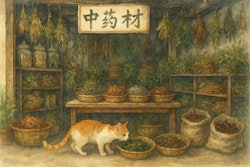 Watecolor Painting Of A Traditional Chinese Medicine Shop A Cat Is Sniffing At Some Of The Hebs For Sale In The Shop
