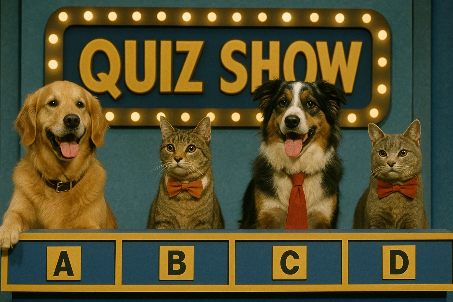 1980s Tv Picture Of Real Dogs And Cats Playing A 1980s Tv Quiz Gameshow