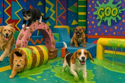1990s Kids' Tv Game Show Involving Slime And Silly Gross Scatalogical Obstacle Courses Instead Of Children, Realistic Happy Dogs And Cats Play The Games