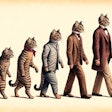 Dall·e 2024 05 21 13 39 17 A Color Pencil Drawing From An Old Textbook Depicting The 'march Of Progress' But With Anthropomorphic Cats Evolving From Pet Cats The Image Should H