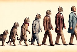 Dall·e 2024 05 21 13 39 17 A Color Pencil Drawing From An Old Textbook Depicting The 'march Of Progress' But With Anthropomorphic Cats Evolving From Pet Cats The Image Should H