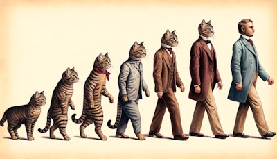 Dall·e 2024 05 21 13 39 17 A Color Pencil Drawing From An Old Textbook Depicting The 'march Of Progress' But With Anthropomorphic Cats Evolving From Pet Cats The Image Should H