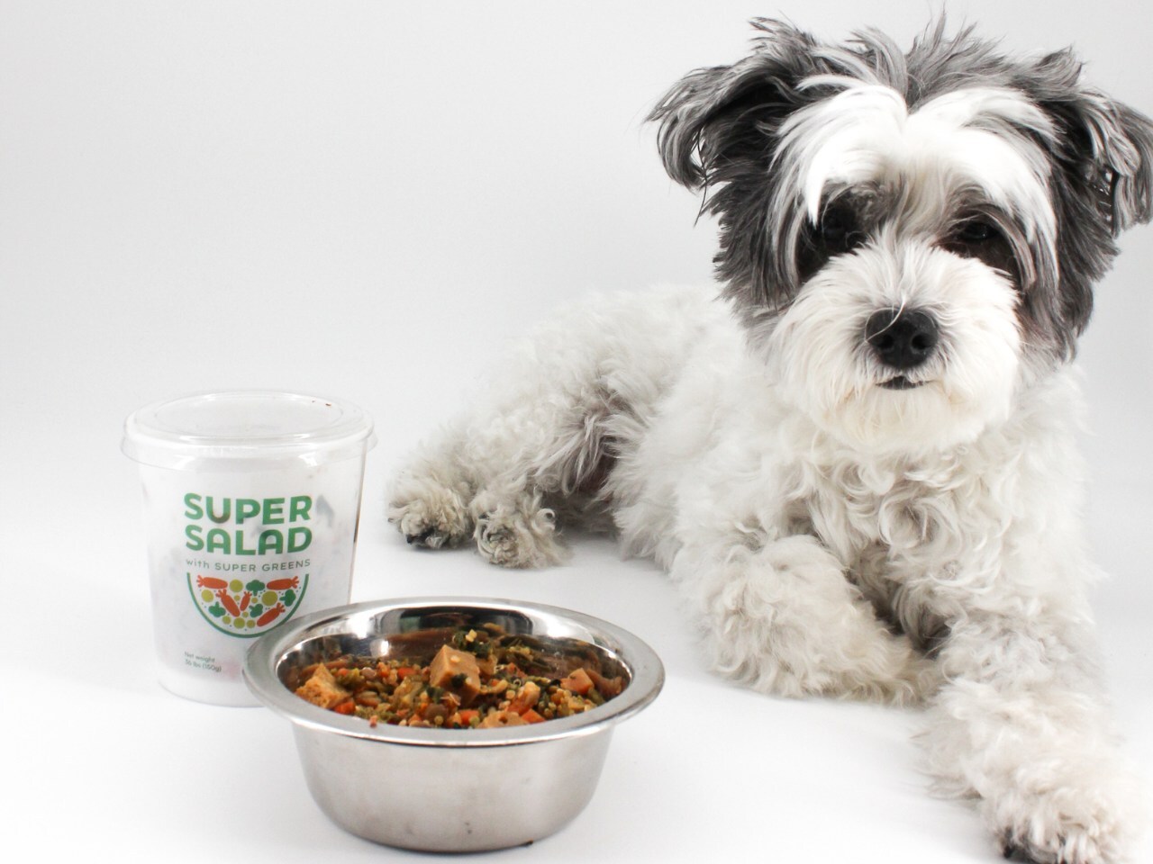 SuperSalad, a plant-based, nutrient-rich dog bowl booster featuring real ingredients such as spinach, quinoa, and butternut squash.