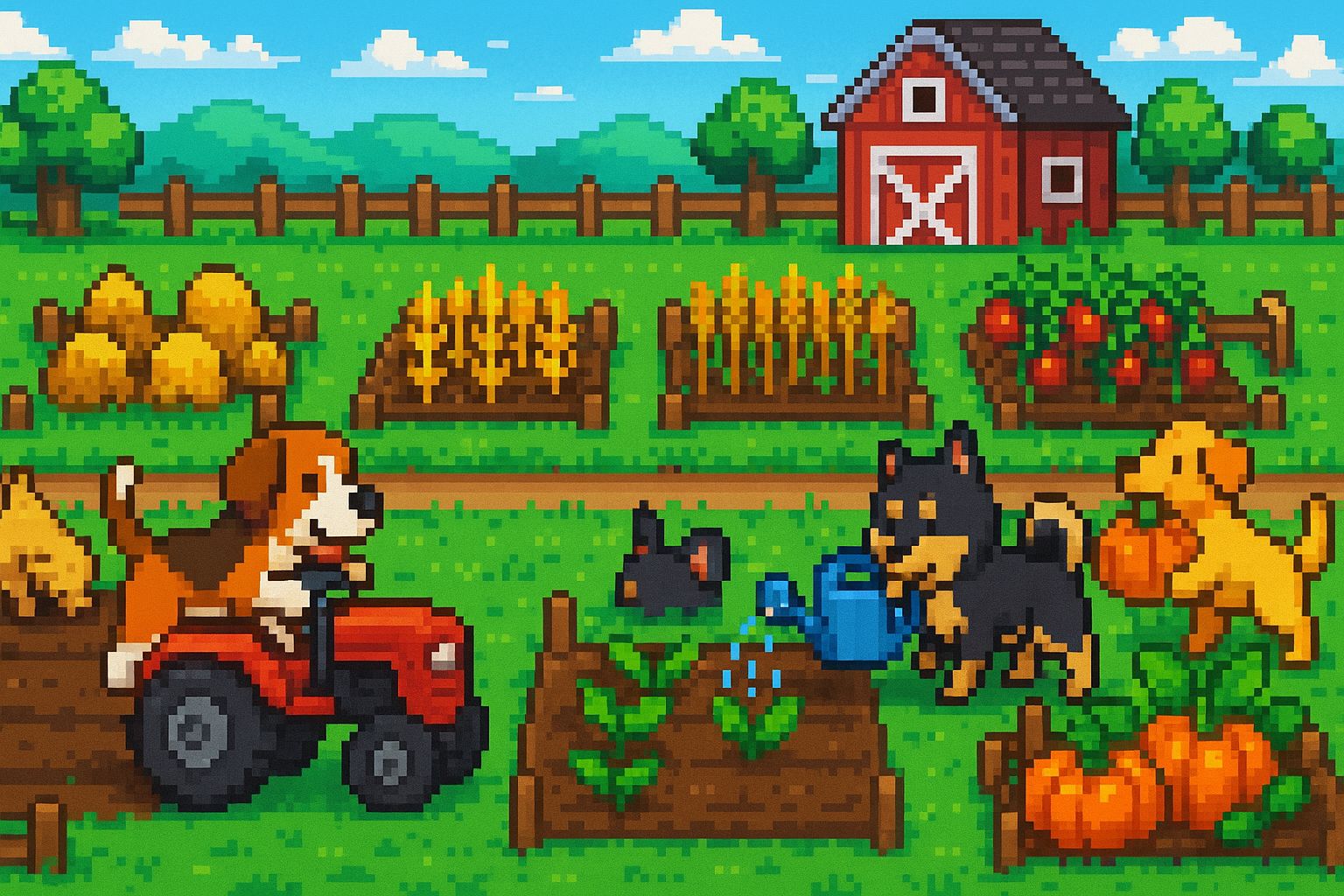 Pixelated Video Game Screenshot Of A Farm Instead Of People, Dogs Work On The Farm