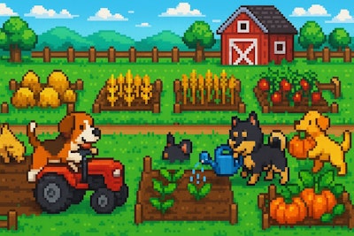 Pixelated Video Game Screenshot Of A Farm Instead Of People, Dogs Work On The Farm