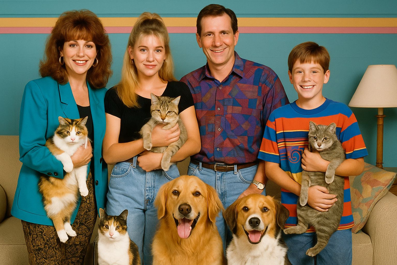 Sitcom Family In The 1990s With Two Dogs And Three Cats